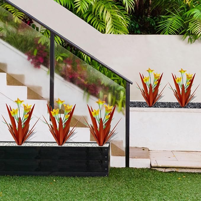 Homight Metal Agave Plant Outdoor Decoration Lily Mexican Yard Art Garden Gift Home Decor Hand Painted Metal Agave Garden Yard Statue, Outdoor Lawn Ornaments(2 Big Yellow Lilies)