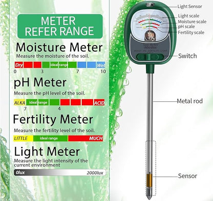 Soil Tester, Soil Moisture Meter/Soil pH Meter/Sun-Light/Fertility for Gardening, Large Dial Soil pH Tester Plant Water Meter for Indoor&Outdoor Garden,Farm Soil Test Kit-Green