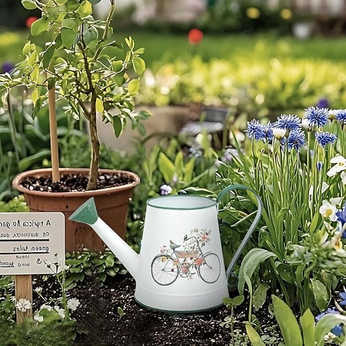 Small Watering Can for Indoor Plants Garden Metal Decorative Watering Can Outdoor Bonsai Balcony Courtyard Garden Flower Decorative, 1.5L, 50.7 Oz (White Green)