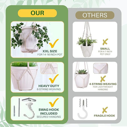 Giant XXL 55 Inches Macrame Planter Hanger Large for 15 inch Pot + Swag Hook | Extra Large Hanging Planter for Indoor Plants | No Pot/Plant Included (XXL Jute)