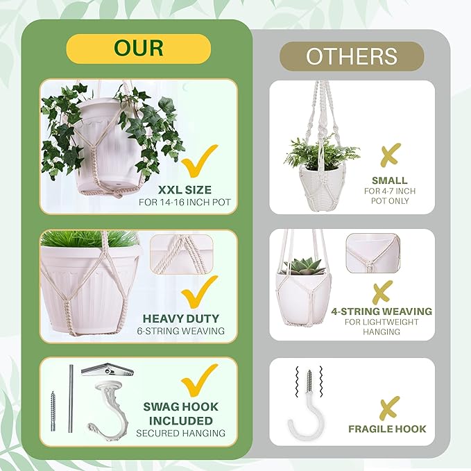 2 Pack Giant XXL 55 Inches Macrame Planter Hanger Large for 15 inch Pot + Swag Hook | Extra Large Hanging Planter for Indoor Plants | No Pot/Plant Included (XXL)