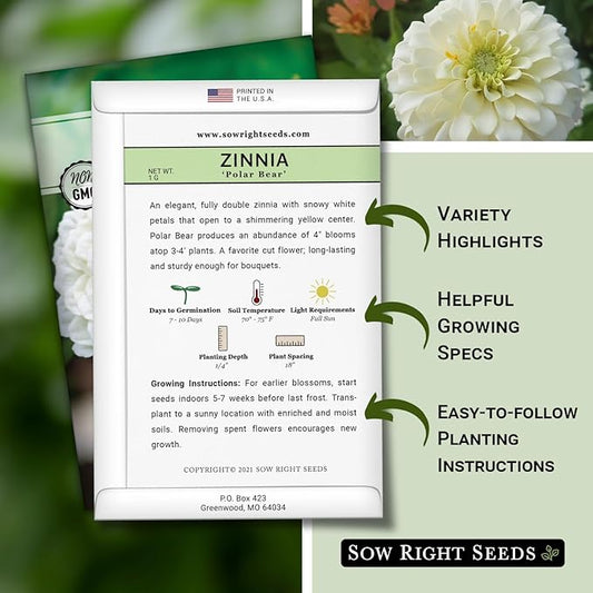 Sow Right Seeds - Zinnia Polar Bear Flower Seeds for Planting - Beautiful Flowers to Plant in Your Home Garden - Non-GMO Heirloom Packet - White Blooms Attract Pollinators - Cut and Come Again (1)