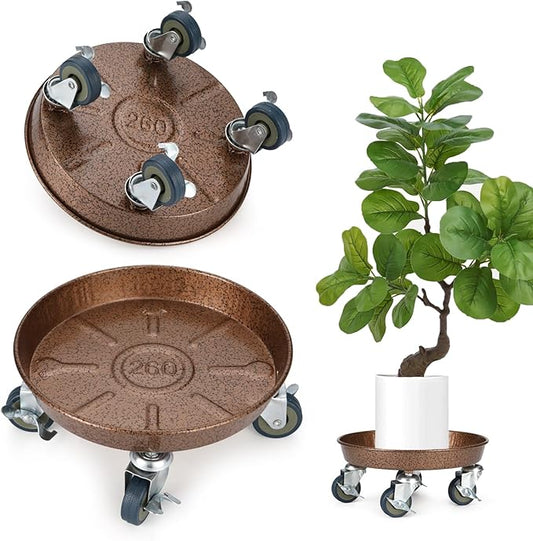 10" Plant Caddy with Wheels, Rolling Plant Stand 180 LBS Heavy Duty Metal Tray NO Holes with Large Metal 360° Lockable Caster Wheels for Outdoor Indoor Large Plant Pots, Flower Pot, Patio, 1 Pack