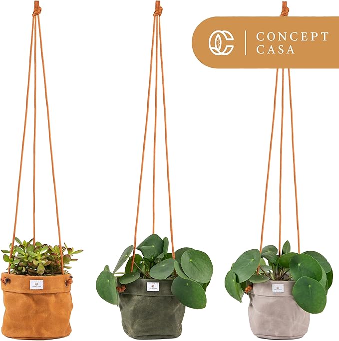 Large Waxed Canvas Handmade Hanging Planter for Indoor/Outdoor Plants, Hanging Basket Plant Holder Stone Gray with Hook