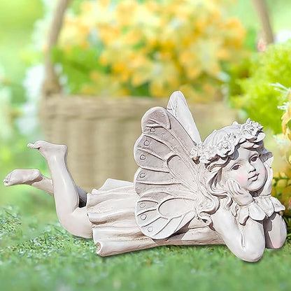 Lying Fairy Garden Statue – Resin Outdoor Fairy Figurine for Yard or Patio, Garden Angel Decor for Outside, Whimsical Fairy Ornament 9.84” L
