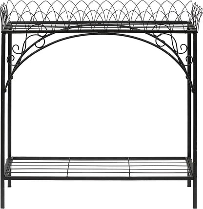 Black Long Double-Layer Plant Shelf, French Courtyard Style Metal Stand for Tall Potted Plants, Sturdy Indoor Outdoor Planter Holder Garden Decor