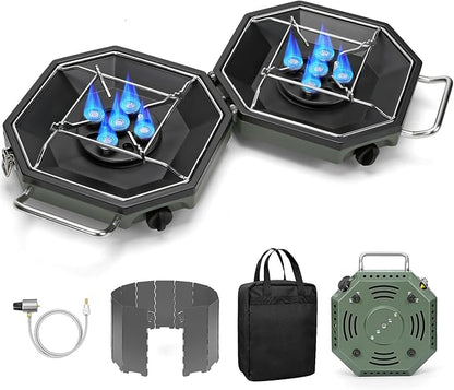 Camping Stove Propane Two Burner, 34000BTU Foldable Camp Stove Gas Propane Burners for Outdoor Cooking, Portable Stoves Gas Burners with Windsheild, Carrying Bag, Grates, Regulator