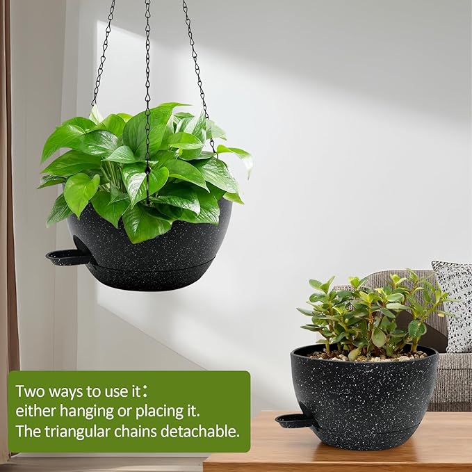 WOUSIWER Self Watering Hanging Planters, 2 Pack 10'' Plastic Pots with Drainage Holes & Reservoir Tray (Speckled Black) | Indoor & Outdoor Use for Ferns, Ivy, Herbs, Succulents