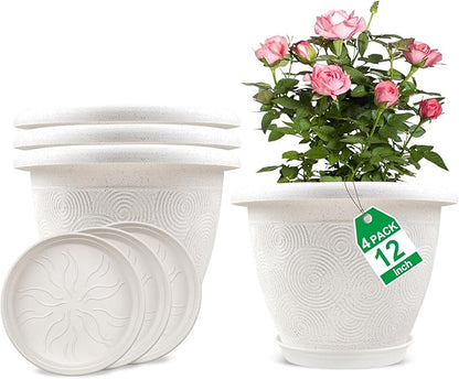 Plastic Flower Pots Planters for Indoor Plants, 4 Pack 12 Inch White Plant Pots with Drainage Hole & Tray, Modern Decorative Large Plant Pot with Saucer for Indoor Outdoor Plants Garden House Planter