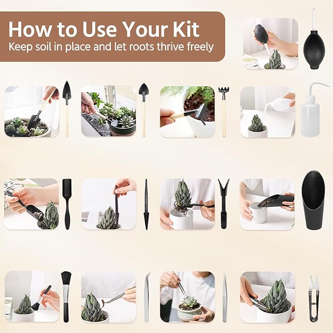 LASZOLA 45 pcs Repotting Set with Potting Mat Tiny Tools for Indoor Plants Succulents, Gardening Bag Kit with Waterproof Tray and Mini Tools, Ideal for Soil Replacement Seedling Transplanting, Yellow