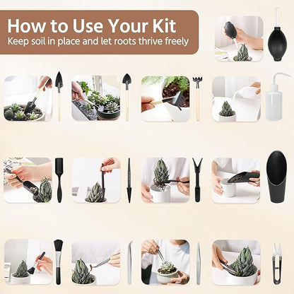 LASZOLA 45 pcs Repotting Set with Potting Mat Tiny Tools for Indoor Plants Succulents, Gardening Bag Kit with Waterproof Tray and Mini Tools, Ideal for Soil Replacement Seedling Transplanting, Yellow