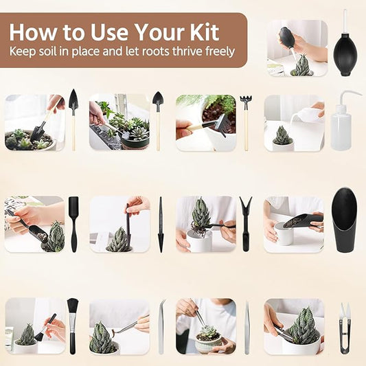LASZOLA 45 pcs Repotting Set with Potting Mat Tiny Tools for Indoor Plants Succulents, Gardening Bag Kit with Waterproof Tray and Mini Tools, Ideal for Soil Replacement Seedling Transplanting, Yellow