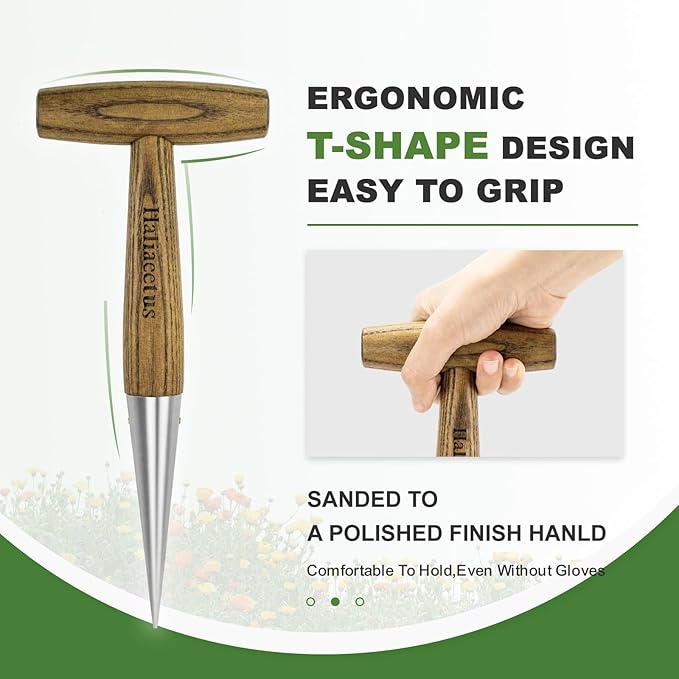 Haliaeetus Dibber Garden Tool, Stamped Stainless Steel Tip Seed Dibber, Smooth Splinter-Free T-Shape Wood Handle Dibbler with Comfortable Grip, 11'' Dibber for Planting Seed and Transplanting Seedling