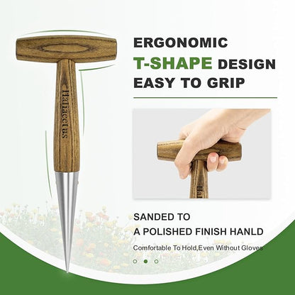 Haliaeetus Dibber Garden Tool, Stamped Stainless Steel Tip Seed Dibber, Smooth Splinter-Free T-Shape Wood Handle Dibbler with Comfortable Grip, 11'' Dibber for Planting Seed and Transplanting Seedling