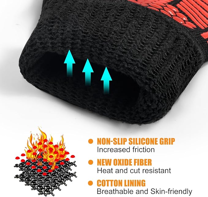 BBQ Gloves, Oven Gloves, Extreme Heat Resistant Barbecue Gloves, Silicone Non-Slip Oven Mitts, Kitchen for Cooking, Grilling, and Baking (Red)