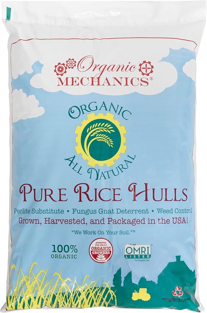 Organic Mechanics Pure Rice Hulls, 2 Cu Ft - Sustainable Alternative to Perlite - Enhances Drainage, Porosity and Air Space - Eco-Friendly