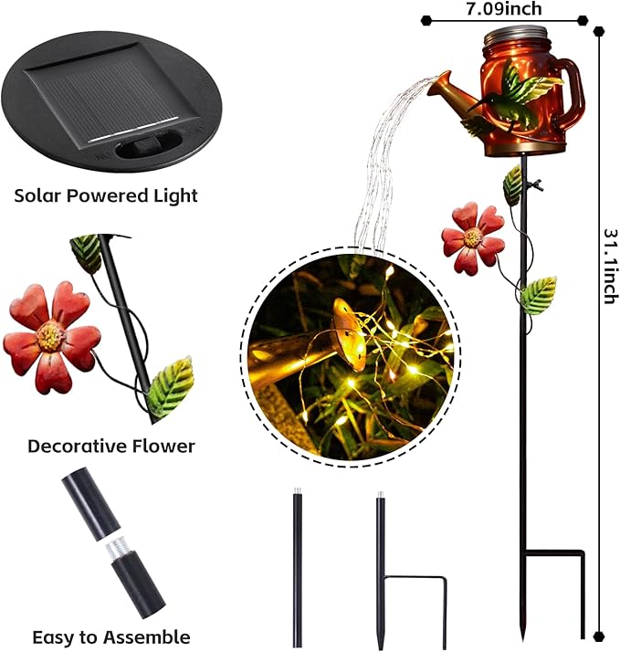 Solar Watering Can Light, Yard Outdoor Decor Lights, IP65 Waterproof, Hanging Hummingbird Garden Light, Outside Garden Flower Bed Decor, Women Gift, Birthday Gifts