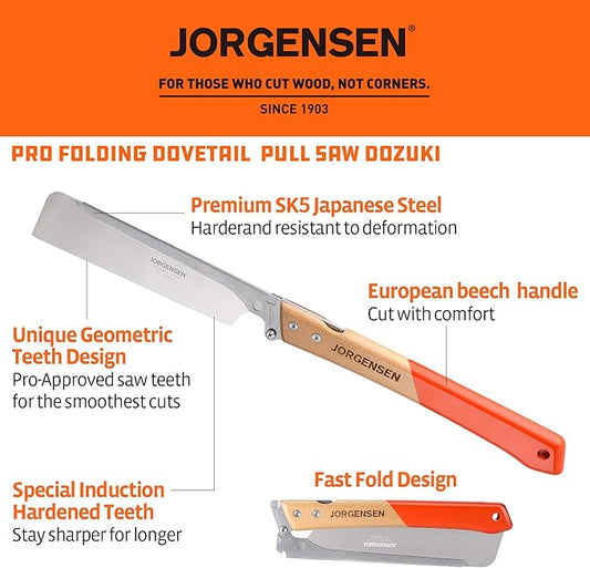 JORGENSEN Japanese Pull Saw, 9.5 Inch Pro Folding Dovetail Saw with Beech Wood Long handle, SK5 Steel Blade Tool-less Quick Change, 21TPI Cross Cut Woodworking Handsaw for Hardwood, Softwood