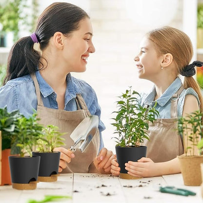 7/6.5/6/5.5/5/4 inch Self Watering Pots for Indoor Outdoor Plants, 6 Pack Plastic Flower Planters with Drainage Holes and Removable Saucers, Plant Pots with Wicking Rope, Black Brown