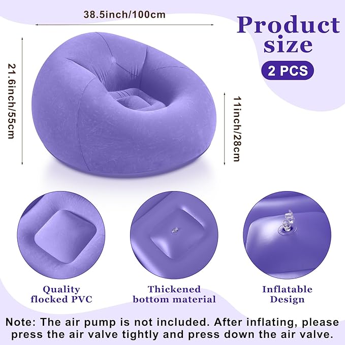 Realspring Inflatable Bean Bag Chairs Outdoor Blow up Camping Chairs Inflatable Lazy Sofa Folding Portable Bean Bag Loungers Couch for Movie Night(Light Purple,2 Pcs)