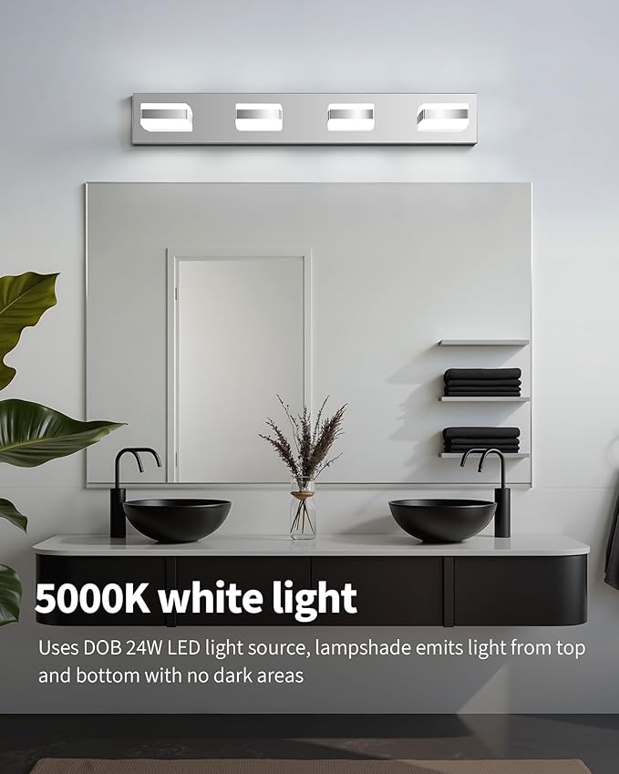 Bathroom Lighting Fixtures Over Mirror, 4 Light Bathroom Vanity Light Fixtures with Cool White 5000K, Silver LED Modern Vanity Wall Lights for Bath, Dressing Room, Restroom, 29.5 inch