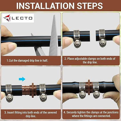 LECTO Universal 5/8", 1/2", .700" Drip Line Repair & Extension Kit – 6 Pack Plastic Couplers with 12 Stainless Steel Hose Clamps