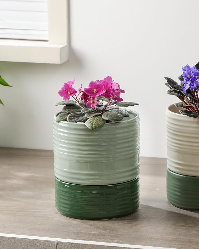 Self Watering Pots for Indoor Plants, 6 Inch Ceramic Self Watering Plant Pot, Planter Pot with Wick Rope and Drainage Hole for African Violet Succulent Herbs (Green Light)