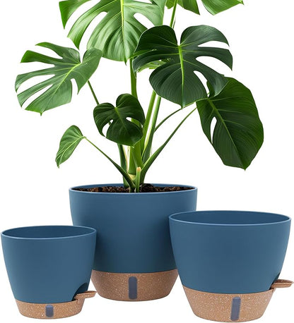 8/10/12 Inch Large Self Watering Pots for Indoor Plants Plastic Plant Pot for Outdoor Plants, Water Level Window & Spacious Reservoir Flower Pots Decorative Planter with Drainage and Tray (Blue)