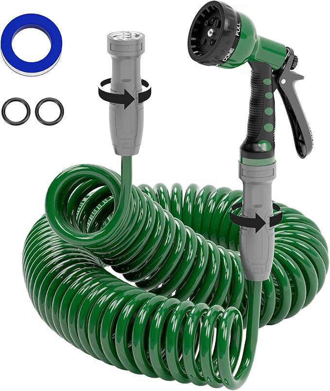 SPECILITE 3/8" Lightweight Coil Garden Hose 75FT, EVA Flexible Curly Water Pipes with 6-Pattern Spray Nozzle for Boat, Greenhouse, Yard, Patio, Green
