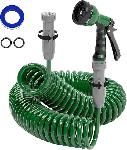 SPECILITE 3/8" Lightweight Coil Garden Hose 75FT, EVA Flexible Curly Water Pipes with 6-Pattern Spray Nozzle for Boat, Greenhouse, Yard, Patio, Green