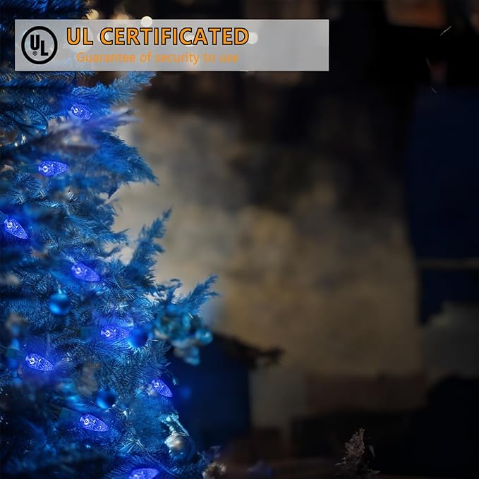 70 Count C6 Blue Christmas Lights - 35.5ft Outdoor, Waterproof, Green Wire, IP65, UL Listed