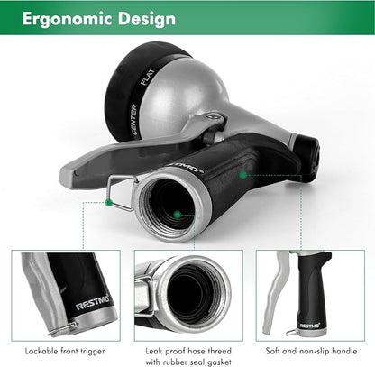 RESTMO Garden Hose Nozzle, Heavy Duty Metal Water Nozzle with 7 Adjustable Spray Patterns, High Pressure Hand Sprayer with Flow Control, for Watering Plants & Lawns, Washing Cars & Pets, Black