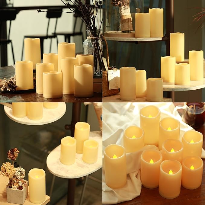 Enido 9pcs Flameless Flicking LED Candles with Remote, Battery Operated Outdoor Waterproof Candles, Electric Candle for Dining Tables and Fireplaces