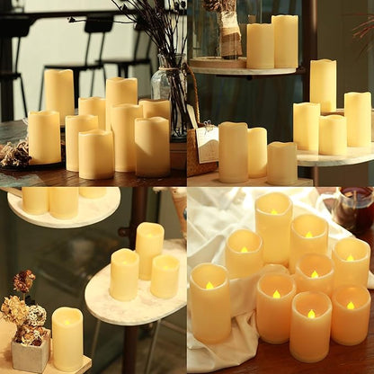 Enido 9pcs Flameless Flicking LED Candles with Remote, Battery Operated Outdoor Waterproof Candles, Electric Candle for Dining Tables and Fireplaces