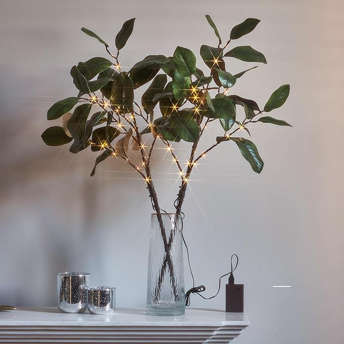Hairui Lighted Magnolia Branches with Timer 32IN Battery Operated or USB Plug in, Faux Greenery Willow Branch with Lights 60 LED Fairy Lights for Room Fireplace Spring Decoration