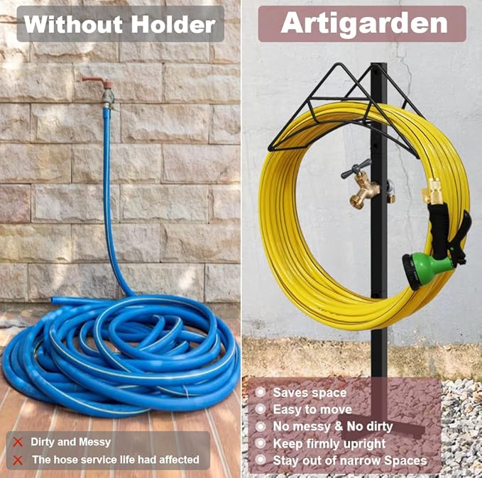 Outdoor Hose Holder Stand with Brass Spigot Faucet - Freestanding Metal Water Pipe Extension Hanger Stake Heavy Duty Storage Organizer for Garden Lawn, Backyard