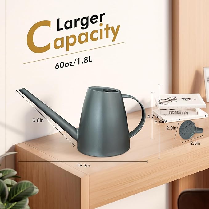 Watering Can for Indoor Outdoor Plants, Modern Small Watering Cans with Removable Nozzle, Long Spout Watering Can for Indoor Bonsai Plants Garden Flowers 1/2 Gallon 1.8L 60OZ (Grey)