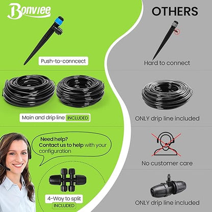 Bonviee 247FT Drip Irrigation System, Automatic Garden Watering System Kit with 50FT 5/16” & 1/4” Drip Tubing, Quick-to-Connect Fittings, Adjustable Drip Emitters for Raised Beds, Greenhouse, Lawn
