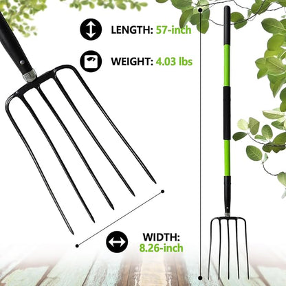 Pitch Fork-57 Inch，5-Tine Steel Garden Fork Heavy Duty, Mulch with Cushion Grip, Green Fiberglass Handle