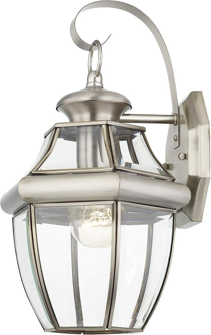 Livex Lighting 2151-91 Monterey 1 Light Outdoor Brushed Nickel Finish Solid Brass Wall Lantern with Clear Beveled Glass 13" x 8.5" x 8.25"