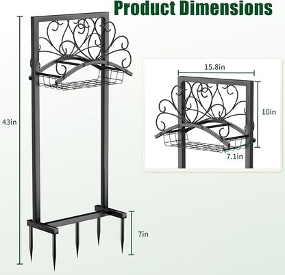 Garden Hose Holder, Heavy-Duty Metal Water Hose Holder with Detachable Storage Basket, Freestanding Hose Stand & Organizer for Outside Yard Lawn, Rust-Resistant Hose Rack for Easy Hose Storage