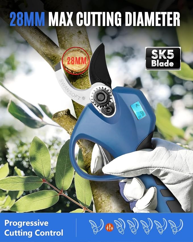 SWANSOFT Electric Pruning Shears, 28mm 1.1'' Cutting Diameter Cordless Electric Pruners Shears Battery Powered, 850W Tree Branch Pruner for Gardening (Black/Blue)