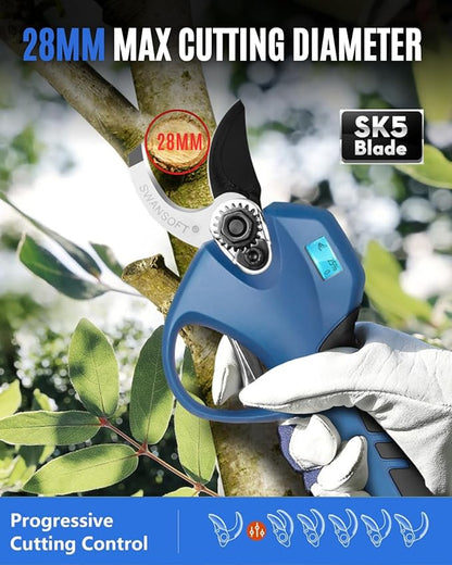 SWANSOFT Electric Pruning Shears, 28mm 1.1'' Cutting Diameter Cordless Electric Pruners Shears Battery Powered, 850W Tree Branch Pruner for Gardening (Black/Blue)