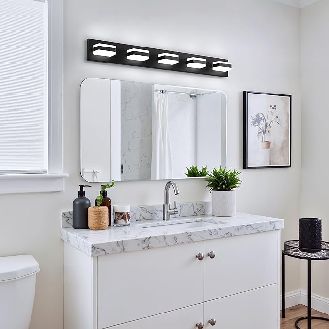 Bathroom Lighting Fixtures Over Mirror, 5 Light Bathroom Vanity Light Fixtures with Cool White 5000K, Matte Black LED Modern Vanity Wall Lights for Bath, Dressing Room, Restroom, 37.4 inch