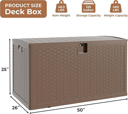 120 gal Brown Resin Deck Box, Outdoor Storage Box Waterproof Lockable, Patio Deck Box For Package Delivery, Outside Storage Box Container for Furniture Cushions, Garden Tools, Pool Accessories