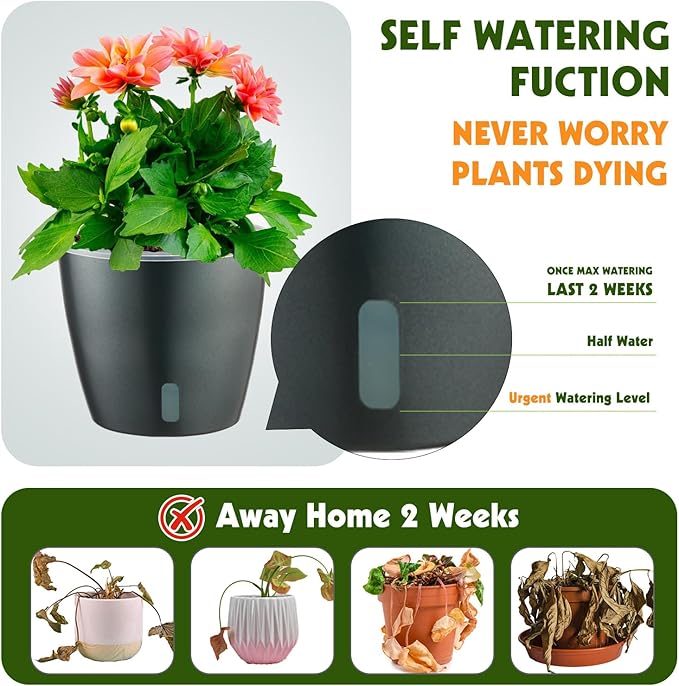 Self Watering Pots for Indoor Plants, 6-Pack 6.7'' Self Watering Planter with Drainage Holes, Small African Violet Pots with Water Indicator, Clear Wick Orchid Pot, Grey