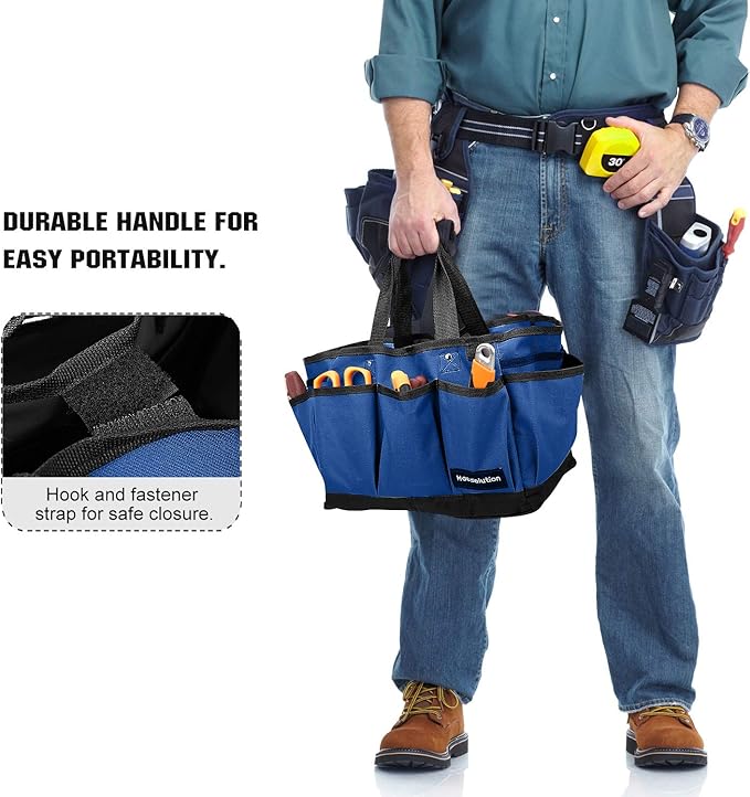 Housolution Gardening Tote Bag, Deluxe Garden Tool Storage Bag and Home Organizer with Pockets, Wear-Resistant & Reusable, 14 Inch, Blue