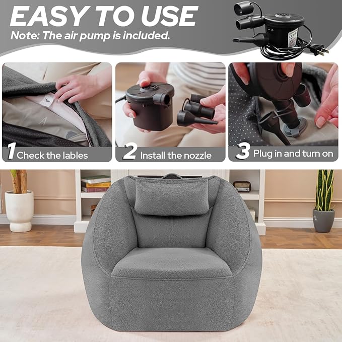 HABUTWAY Inflatable Bean Bag Chairs for Adult Blow up Chair Portable Inflatable Bean Bag Couch w/Electric Air Pump,Handle & Side Pocket for Movie Night Reading Gaming Living Room - Light Grey