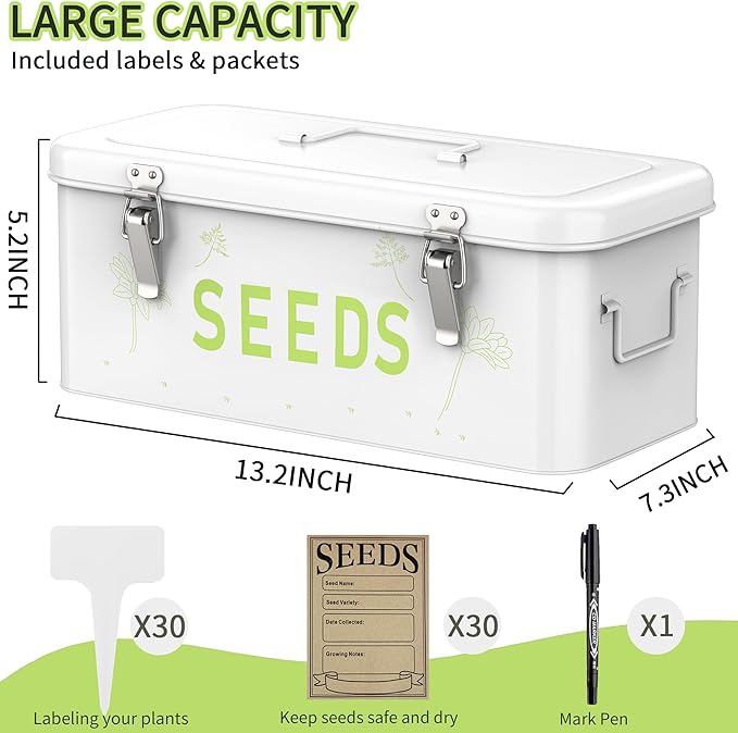 Orionstar Seed Storage Organizer, Metal Seed Saving Box with Lid, Seed Bin with 30 Plant Labels 30 Seed Envelopes 1 Marker Pens, 4 Compartments Box with Safety Locks, White