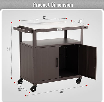 Outdoor Grill Cart with Stainless Steel Tabletop and Storage Cabinet, Movable Kitchen Island with Wheels for BBQ Food Prep, Brown